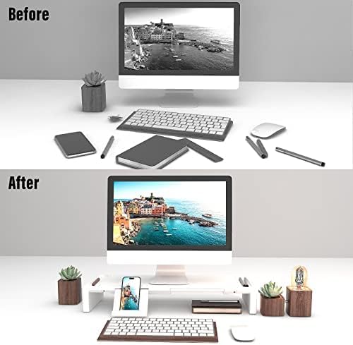 OImatser Monitor Stand Riser with USB 3.0 Hub & Type-C Port, Foldable Adjustable Computer Stand with Storage Drawer, Pen Slot & Phone Holder, Space Saving Laptop Stand for Home Office Desk Organization (White-3.0 HUB-Adapter) - Image 2