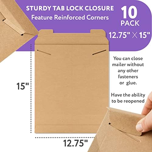 APQ Supply Natural Brown Tab Lock Rigid Mailers, 12.75 x 15 Inch. Pack of 10 Cardboard Envelopes for Photos, Documents. Sturdy Stay Flat Mailers with Tab Lock Closure. Hard Rigid Shipping Envelopes - Image 2