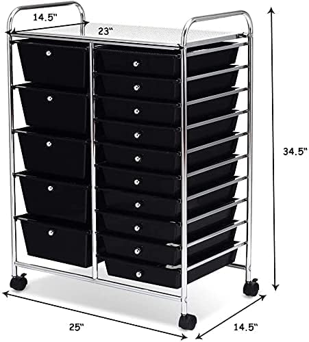 DORTALA 15-Drawer Rolling Storage Cart with Drawers, Rolling Utility Cart w/Removable Drawers & Universal Wheels, Tools Scrapbook Paper Organizer for School, Office, Home, Classroom (Black) - Image 3