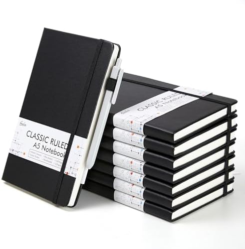 feela 8 Pack Journal Notebook Bulk for School, Hardcover Business Notebooks Classic Ruled Lined Journals with Pen Holder for Work Note Taking, with 8 Black Pens, 120 GSM, 5.1”x8.3”, A5, Black by feela