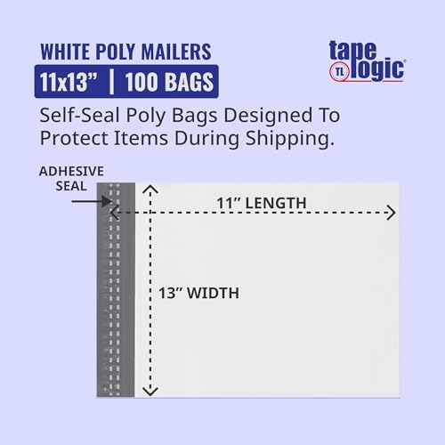 Tape Logic White Expansion Poly Bag Mailer, 11"L x 13"W, Pack of 100 | Self-Sealing Durable Plastic Envelope for Secure Shipping, Packaging, & Storage, Ideal for Personal & Small Businesses, 11x13 - Image 2