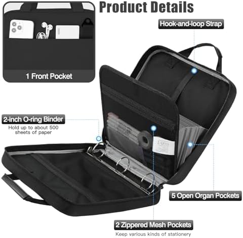 MoKo Zipper Binder, 2 Inch 3 O Ring, 5 Tab File Folders, 500 Sheets, Black - Image 3