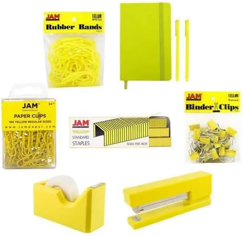 JAM PAPER Complete Desk Kit - Yellow - Stapler, Tape Dispenser, Staples, Journal, Le Pens, Rubber Bands, Paper Clips & Binder Clips - 8/Pack by JAMPaper