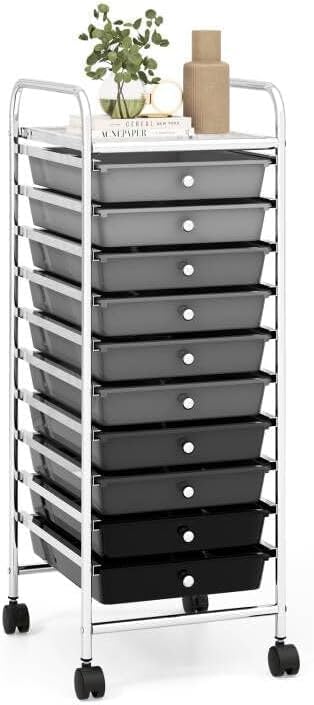 Storage Cart, Rolling Utility Cart with 10 Drawers, Portable Handles & Lockable Wheels, Mobile Paper Toys Storage Organizer Large Capacity for Home Office School Teacher (Gradient Black) by OFFICEJOY