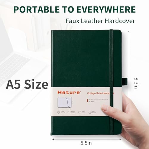 Heture Hardcover Notebooks, 6 Packs A5 Lined Journals Notebook for Writing 160 Pages, 8.2 x 5.5 inch, 6 Colors Classic Ruled Notebooks for College/Work/Travel (Forest Green, 1 Pack) - Image 2