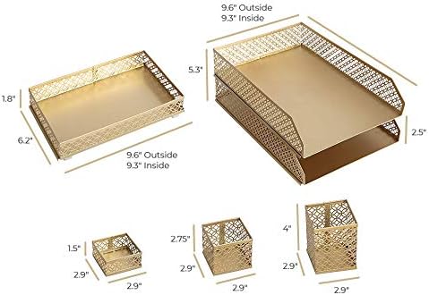 BLU MONACO | Gold Desk Organizer Set for Women 6 Piece | Mail Sorter Organizer Countertop with Letter Sorter for Desk | Steel Desktop Organizer with Mesh Pen Holders - Image 6