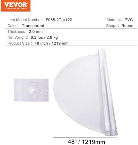 VEVOR Plastic Table Cover, 48 x 48 Inch 2.0 mm Thick Clear Round PVC Desk Mat Protector, Waterproof & Easy Cleaning Tablecloth for Office, Dresser, Dining Room, Night Stand - Image 7