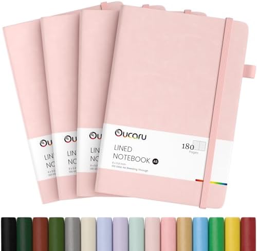 Oucaru 4 Pack A5 Lined Journal Notebook, 180 Pages 100 GSM Paper for Travel by Oucaru