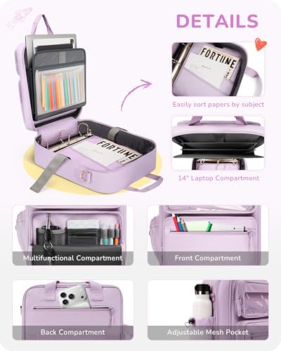 Zipper Binder 3 Ring with Ita Window, 3 Inch D-Ring Binder with Zipper and Strap Fits 14" Laptop, 600+ Sheets Capacity 3-in-1 Shoulder/Backpack/Handle Binder Bag for School Office Commute, Purple - Image 5