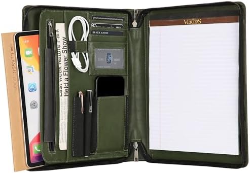 Vegan Portfolio for Men, Business Padfolio with Zipper, Vegan Leather Folio with A4 Writing Pad Holder Portfolio Organizer for Resume, Interview, Meeting - Green by DUKECOW