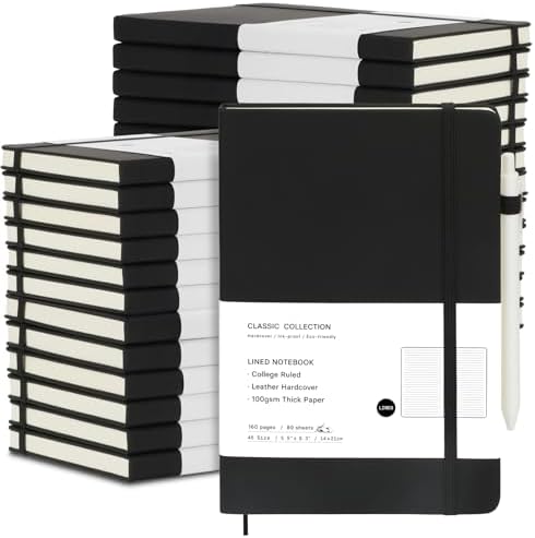 Coopay 24 Pack A5 Journal Notebook with 24 White Pens Bulk Classic Ruled Hardcover Leather Journal Set with Pen Holder for Men Women Writing Office Home School Business, 100GSM, 8.3” x 5.5” (Black) by Coopay