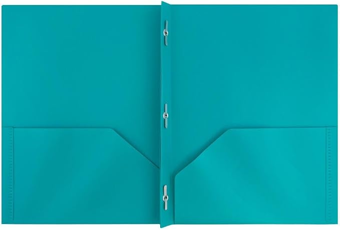 JAM PAPER Plastic 2 Pocket POP Folders - Durable School Folders with Metal Prongs Fastener Clasps - Teal Blue - 24/Pack - Image 2