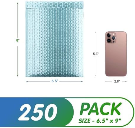 Metallic Bubble Mailers 6.5 x 9 Inch Aqua Ice, Self Seal Closure, 3/16 Inch Cushioning, Padded Shipping Envelopes Pack of 250 - Image 2