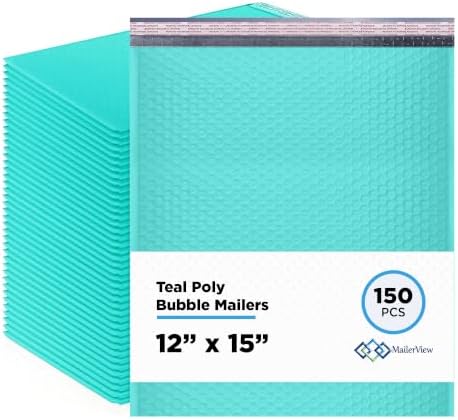 Teal Bubble Mailers 12x15, Self Seal Poly Padded Envelopes, 150 Pack Bulk by MAILERVIEW