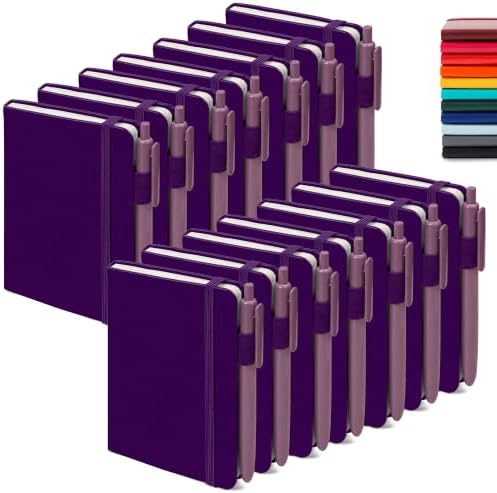 feela 15 Pack Pocket Small Notebooks Bulk, Mini Cute Notepads Hardcover College Ruled Lined Journals with Pen Holder for School Business Memos, with 15 Black Pens, 3.5”x 5.5”, A6, Purple by feela