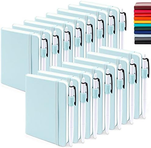 feela 15 Pack Pocket Small Notebooks Bulk, Mini Cute Memo Notepads Hardcover College Ruled Lined Journals with Pen Holder for Women Girls Office School, with 15 Black Pens, 3.5”x 5.5”, A6, Sky Blue by feela