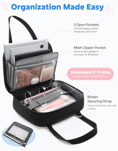 Puffer Zipper Binder 3 Ring with Pencil Pouch, 3" D-ring Binder with Zipper and Shoulder Strap, 600+ Sheets Capacity Zip Up Binder with 15.6" Laptop Pocket, Binder Bag for School College Office, Black - Image 6