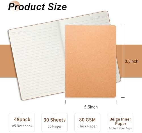 miikoul 48 Pack A5 Kraft Paper Notebook Lined Journal Bulk, 8.3 X 5.5 Inch, 60 Pages/30 Sheets, 80gsm, Travel Notebook Notepad for Adult, Students, Gift, Office, Back to School Supplies - Image 2