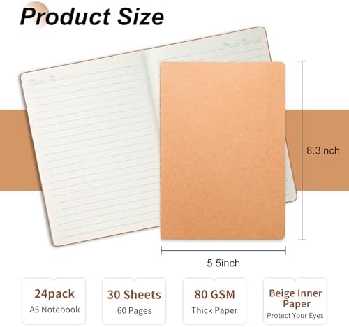 miikoul 24 Pack A5 Kraft Paper Notebook Lined Journal Bulk, 8.3 X 5.5 Inch, 60 Pages/30 Sheets, 80gsm, Travel Notebook Notepad for Adult, Students, Gift, Office, Back to School Supplies - Image 2