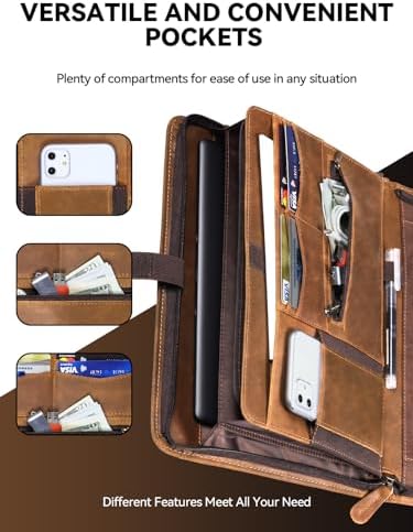 Genuine Leather Portfolio, Professional Padfolio Binder Organizer with Zipper, Stylish Brown Cowhide Padfolio for Men Women, Leather Folio Folder for Business, Legal A4/Pad Holder Compatible - Image 5