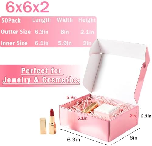 6x6x2 inch Glossy Pink Shipping Boxes, 50 Pack Corrugated Cardboard Mailing Boxes for Small Business Packaging, Shipping Candles, Coasters - Image 2