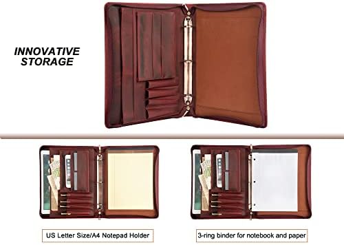 AZXCG Leather Portfolio Organizer, 3 Ring Binder Padfolio Folder, Resume Zippered Folio for A4/Letter Size Notepad, Business Binder Portfolio with Zipper for 13" Laptop, Gift for Women, Red - Image 7