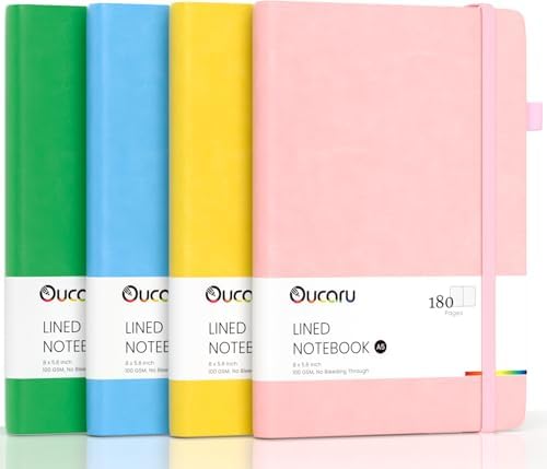 Oucaru 4 Pack A5 Lined Journal Notebook, 180 Pages 100 GSM Paper for Travel by Oucaru