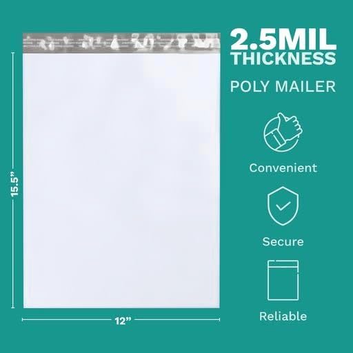 12" X 15.5" Large Poly Mailers, 500 Count White Polymailer Shipping Envelopes for Clothes 2 Mil Unpadded Waterproof Opaque Self-Seal Poly Bags with Tear/Puncture Proof Adhesive Strip - Image 3