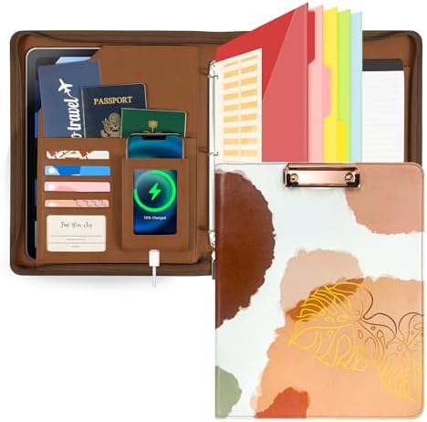 Ospelelf Leather Clipboard with Storage, Zippered Padfolio Portfolio Organizer, 3 Ring Binder 1 Inch, Notepad, Tablet Sleeve, 5 Dividers with Pocket for Office, Students, Teachers Abstract Brown by OspelelfOfficeSupplies