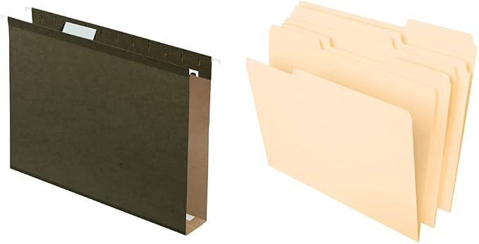 Pendaflex Extra Capacity Reinforced Hanging File Folders, 2", Letter Size, Standard Green, 1/5 Cut, 25/BX (04152X2) & File Folders, Letter Size, 8-1/2" x 11", Classic Manila, 1/3-Cut Tabs in Left by TOPSProducts