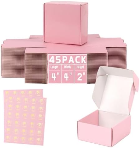 4x4x2 in Pink Shipping Boxes for Packaging Small Business, 45 Pack Mailer Boxes Corrugated Cardboard Mailing Box by DERZIFUN