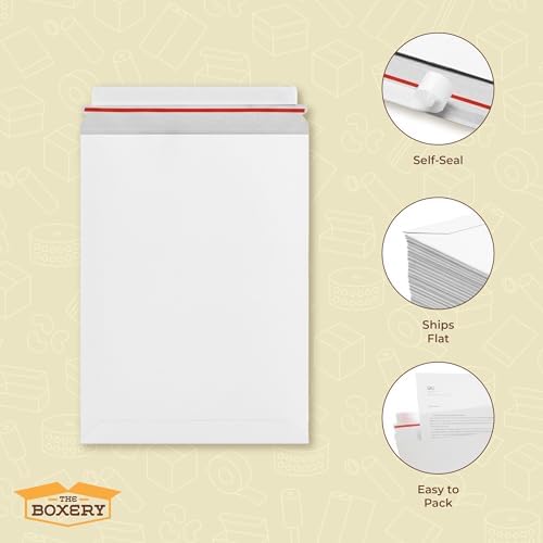 The Boxery White Flat Photo/Document Mailer Envelopes with Peel & Seal Closure-(100 Pack) 13 inch x 18 inch Stay Flat Cardboard Ridgid Mailers - Image 4