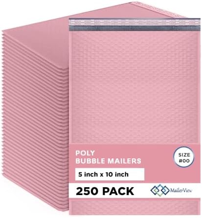 Light Pink Bubble Mailers 5x10, Self Seal Poly Padded Envelopes #00, 250 Pack by MAILERVIEW