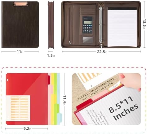 Ospelelf Zippered Portfolio Binder, Leather Clipboard Folder with Storage, 3 Ring Binder 1 Inch, 12.1” Tablet Sleeve, 5 Dividers with Pocket, Refillable Notepad, Card Slot (Brown) - Image 2