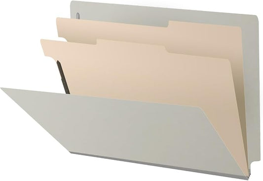 25 Pt. Pressboard Classification Folders, Full Cut End Tab, Letter Size, 2 Dividers, Light Gray (Box of 10) by Ecom+Folders