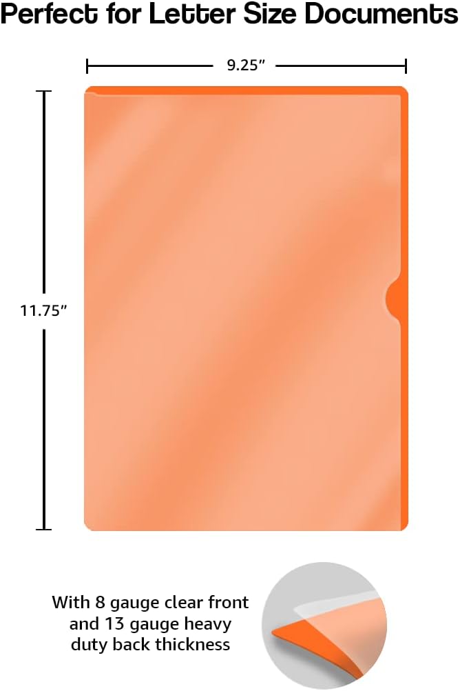 Doctor Stuff - 100 Pack L-Type Vinyl Plastic File Folders Letter Size, Orange Pocket Project Folders Clear Front, Documents Holder for Home, High School, Office and Medical Files - Image 3