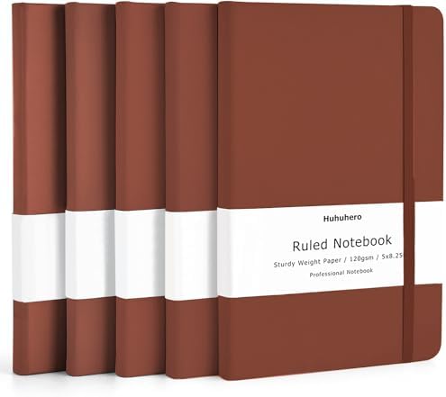 5 Pack Lined Notebook Journals, A5 Hardcover Journals for Writing, Brown by Huhuhero