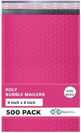 Hot Pink Bubble Mailers 4x8, Self Seal Poly Padded Envelopes #000, 500 Pack by MAILERVIEW