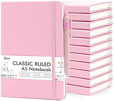 feela 12 Pack Notebooks Journals Bulk, Hardcover Notebook Classic Ruled Lined Journals with Pen Holder for Women Girls School Business Supplies, with 12 Black Pens, 120 GSM, 5.1”x8.3”, A5, Rose Pink by feela