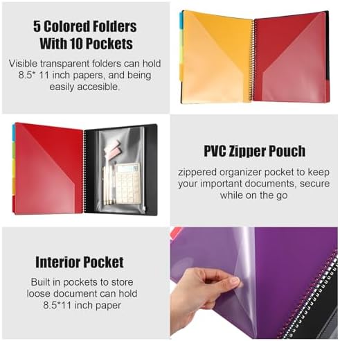 Yeaqee 6 Pack 10 Pocket Project Organizer Spiral Multi Pocket Folders Binder Organizer with Dividers Writable Tabs Zipper Pouch, Letter Size Plastic Folders for School Office - Image 3