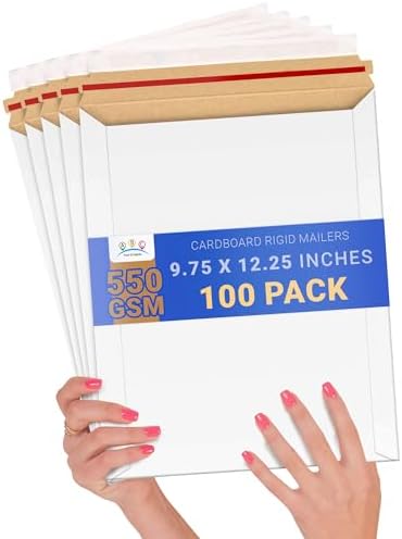 ABC PACK & SUPPLY Rigid Mailers 9.75 x 12.25 Inch, White Cardboard Envelopes, Self Seal Tear Strip, 550 GSM Paperboard, Stay Flat Design, Pack of 100 by ABCPackSupply%C2%AE