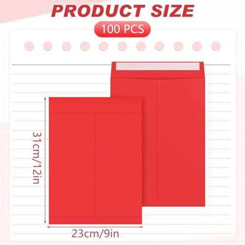 100 Pcs 9'' x 12'' Catalog Envelopes Self Adhesive Manila, Red - Image 2