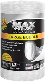 Duck Max Strength Bubble Cushioning Wrap for Moving, Shipping, 15 FT, Large Clear Bubble-Packing Wrap for Heavy Duty Protection Packaging Boxes, Roll Moving Supplies,Perforated Every 12IN (Pack of 6) by DuckBrand