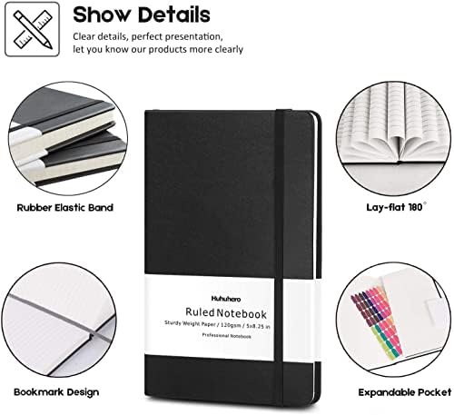 Huhuhero 5 Pack Lined Journal Notebook, A5 College Ruled 5"×8.25", Black - Image 2