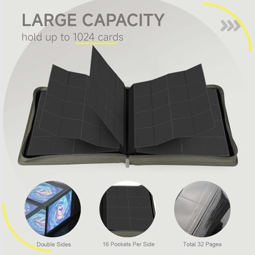 Card Binder with 1024 Cards,16 Pocket Trading Card Binder Includes 32 Page Storage Sleeves,Collection Card Album,Card Holder to Organize and Protect Cards,Grey - Image 3