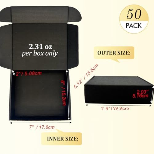 Small Shipping Boxes 7x6x2, Set of 50, Black Corrugated Cardboard Box Mailer (YD762-50BK) - Image 2