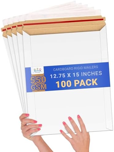ABC PACK & SUPPLY Rigid Mailers 12.75 x 15 Inch, White Cardboard Envelopes, Self Seal Tear Strip, 550 GSM Paperboard, Stay Flat Design, Pack of 100 by ABCPackSupply%C2%AE