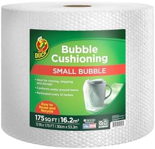 Duck Brand Small Bubble Cushioning Wrap for Fragile Moving & Shipping - 175 ft Packing Wrap for Extra Protection in Boxes & Mailers - Clear Roll, Moving Supplies, Perforated Every 12 in by DuckBrand