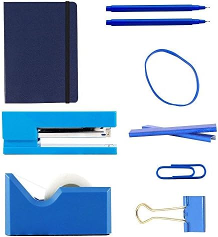 JAM PAPER Complete Desk Kit - Blue - Stapler, Tape Dispenser, Staples, Journal, Le Pens, Rubber Bands, Paper Clips & Binder Clips - 8/Pack - Image 2
