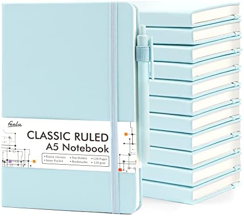 feela 12 Pack Notebooks Journals Bulk, Hardcover Notebook Classic Ruled Lined Journals with Pen Holder for Women Girls School Business Supplies, with 12 Black Pens, 120 GSM, 5.1”x8.3”, A5, Sky Blue by feela